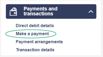 make a payment is located second under payments and transactions dropdown