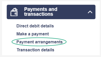 payment arrangements is located third under the dropdown payments and transactions