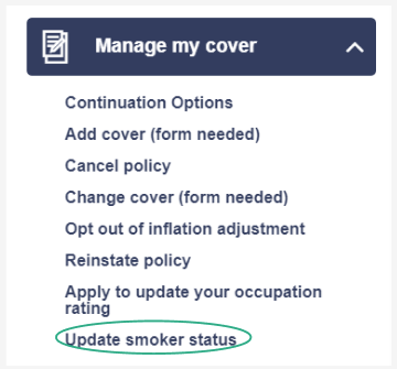 update smoker status is last under the dropdown manage my cover