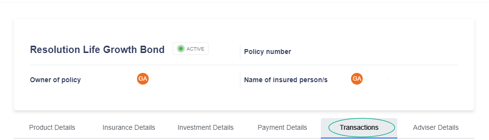 transactions tabs is located second from the right between payment details and adviser details tabs