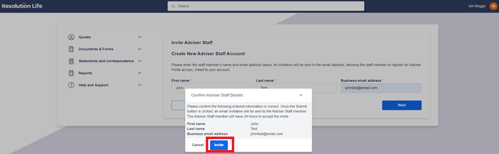 confirm adviser staff detail pop up appears, then click invite