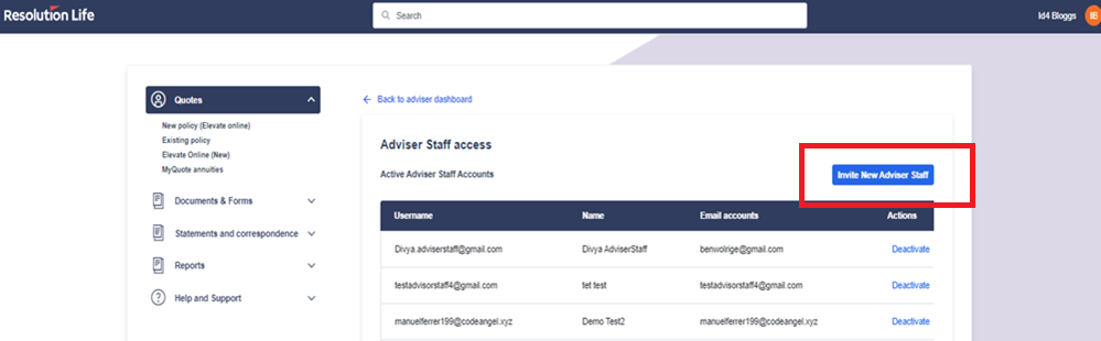 invite new adviser staff button is located on the right above the active adviser staff accounts table