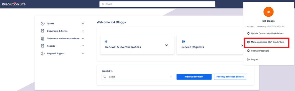 manage adviser staff credentials button is located second after you click your name