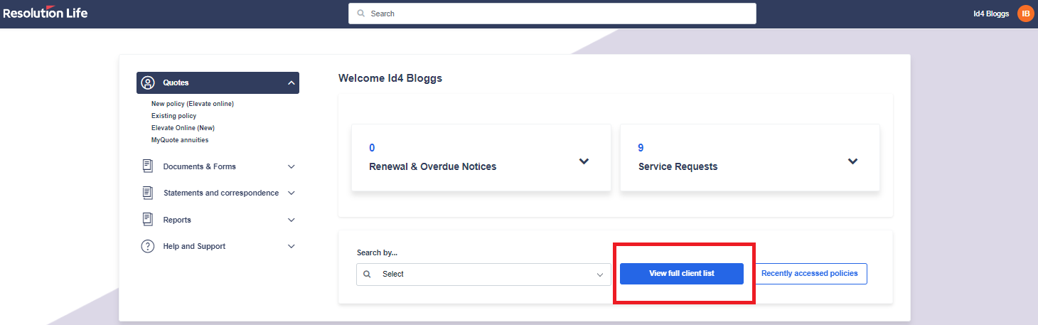 view full client list button is located on the middle bottom right next to the search box