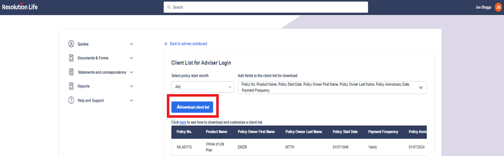 download client list button is located under the dropdown select policy start month