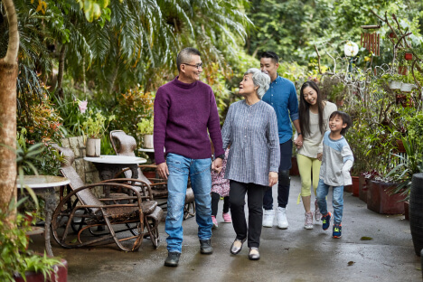Family talking a walk in the garden, with the grandparents at the front holding hands