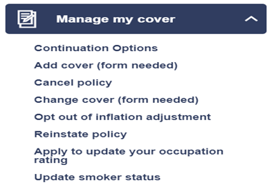 manage my cover dropdown option screenshot