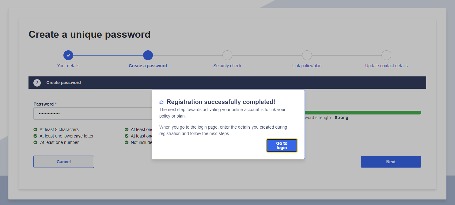 registration successfully complete popup in middle of screen, go to login is located on this popup 