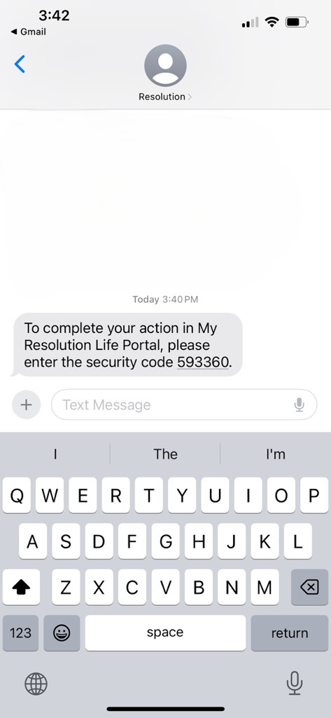 screenshot of the 6 digit security code sent by text message