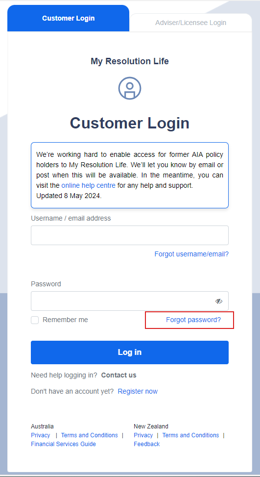 Forgot password is located on the middle bottom right on the customer login panel