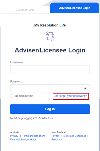 set/forgot your password is located under the password field