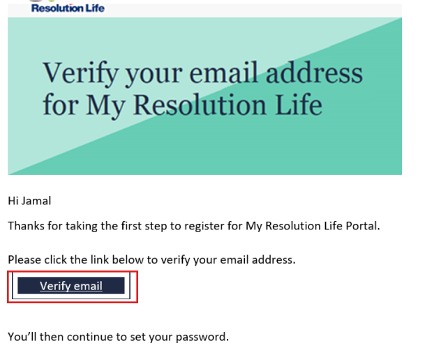 verify email link is located under the greetings
