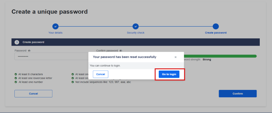 password has been set successfully pop up comes up, this pop up also contains the button login