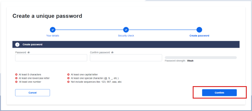 confirm button is on the bottom right hand of the page