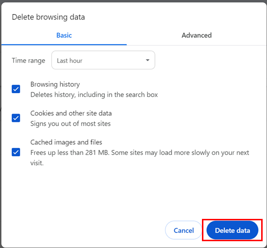 delete data is located on the bottom right of the popup